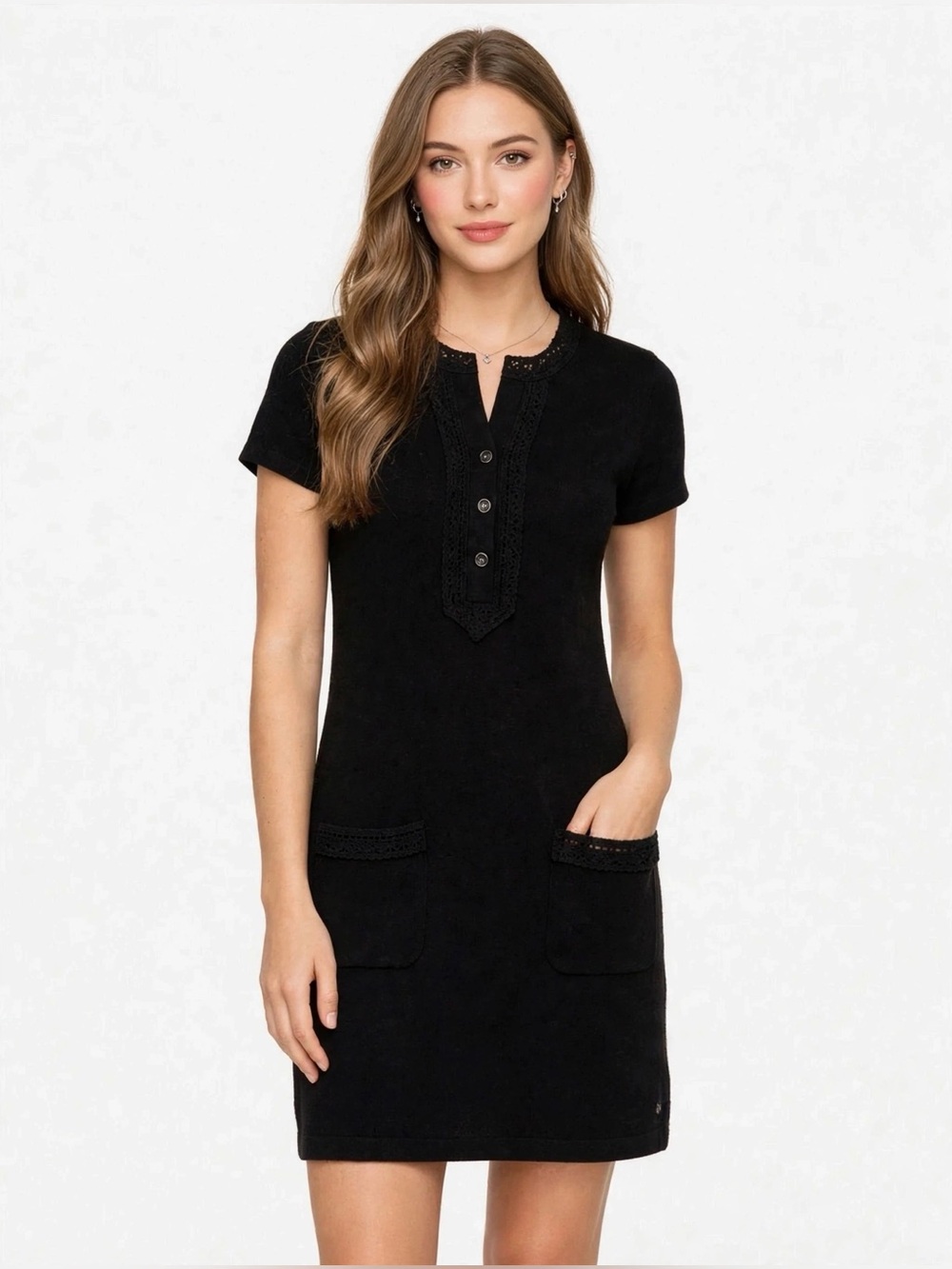 Gentle Fawn Black Henley Mini Dress - Eyelet Crochet Lace Coquette Cottagecore S